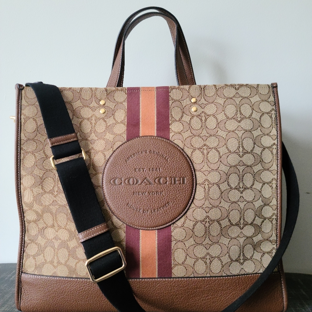 Coach Leather & Signature Jacquard Khaki Saddle Dempsey 40 Tote Bag